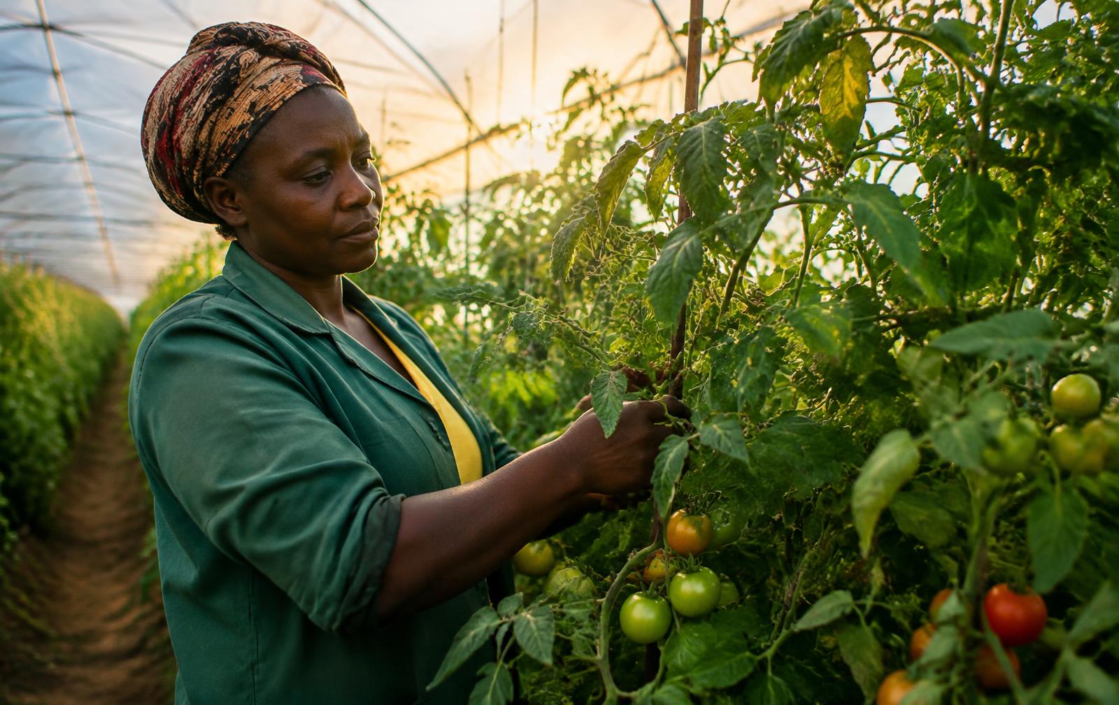 Grower tending tomato plants in a greenhouse (illustrative image)